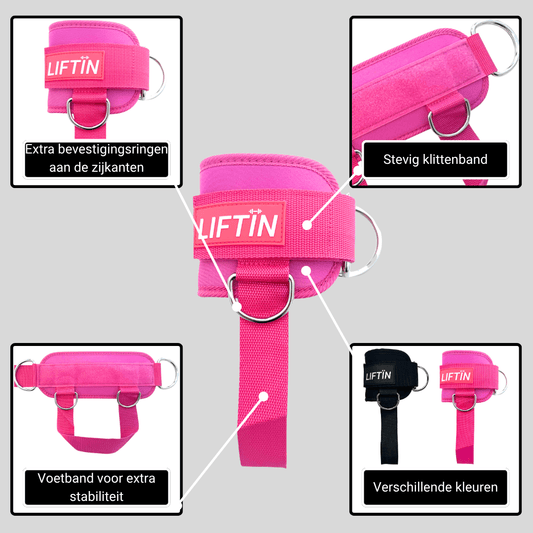 LIFTIN ankle straps - roze enkel straps met voetband voor stabiliteit tijdens been oefeningen - overzicht