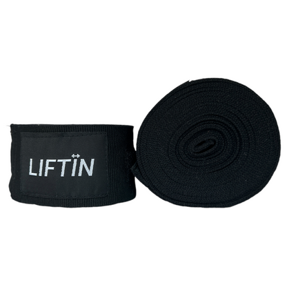 LIFTIN boxing wraps - zwarte 4.8 meter lange wraps voor pols- en knokkelbescherming - vooraanzicht