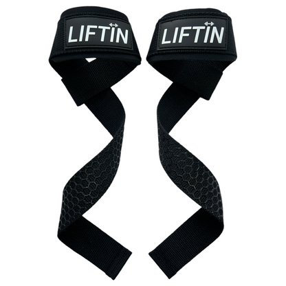 LIFTIN lifting straps - zwarte fitness straps met latex coating voor stevige grip tijdens krachttraining - vooraanzicht