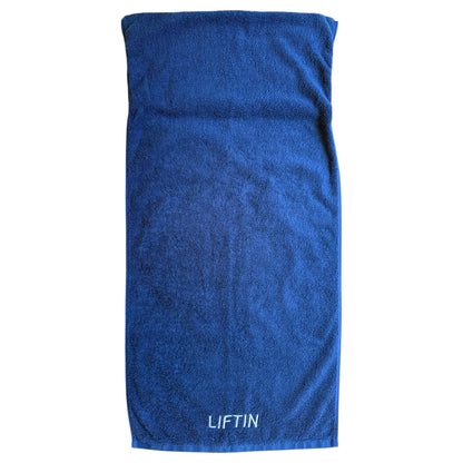 LIFTIN sporthanddoek - blauwe sporthanddoek van 100% katoen met opbergvakje en slim ophang ontwerp - bovenaanzicht