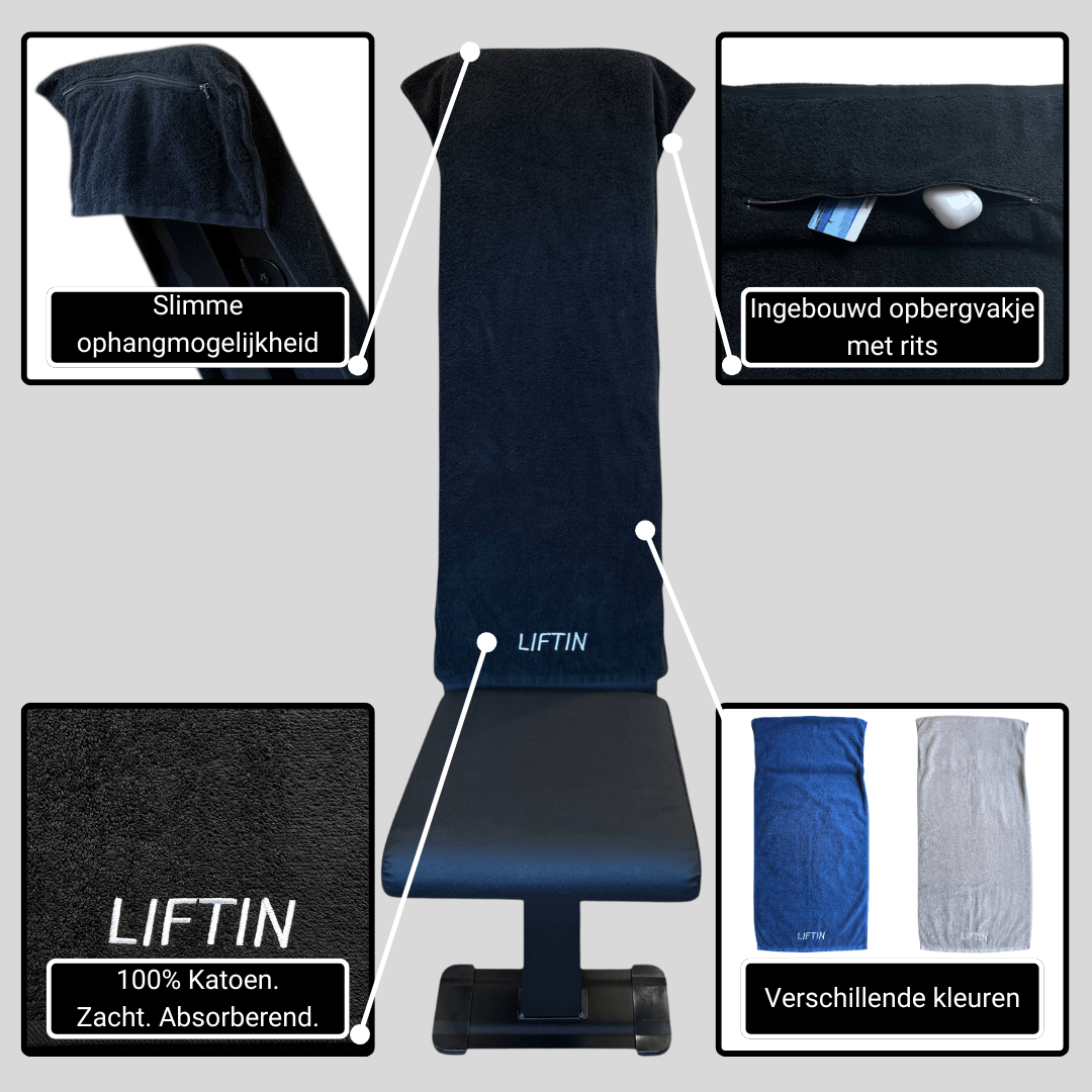 LIFTIN sporthanddoek - slim ophang ontwerp voor bevestiging aan sportbankjes en fitnessapparatuur - overzicht