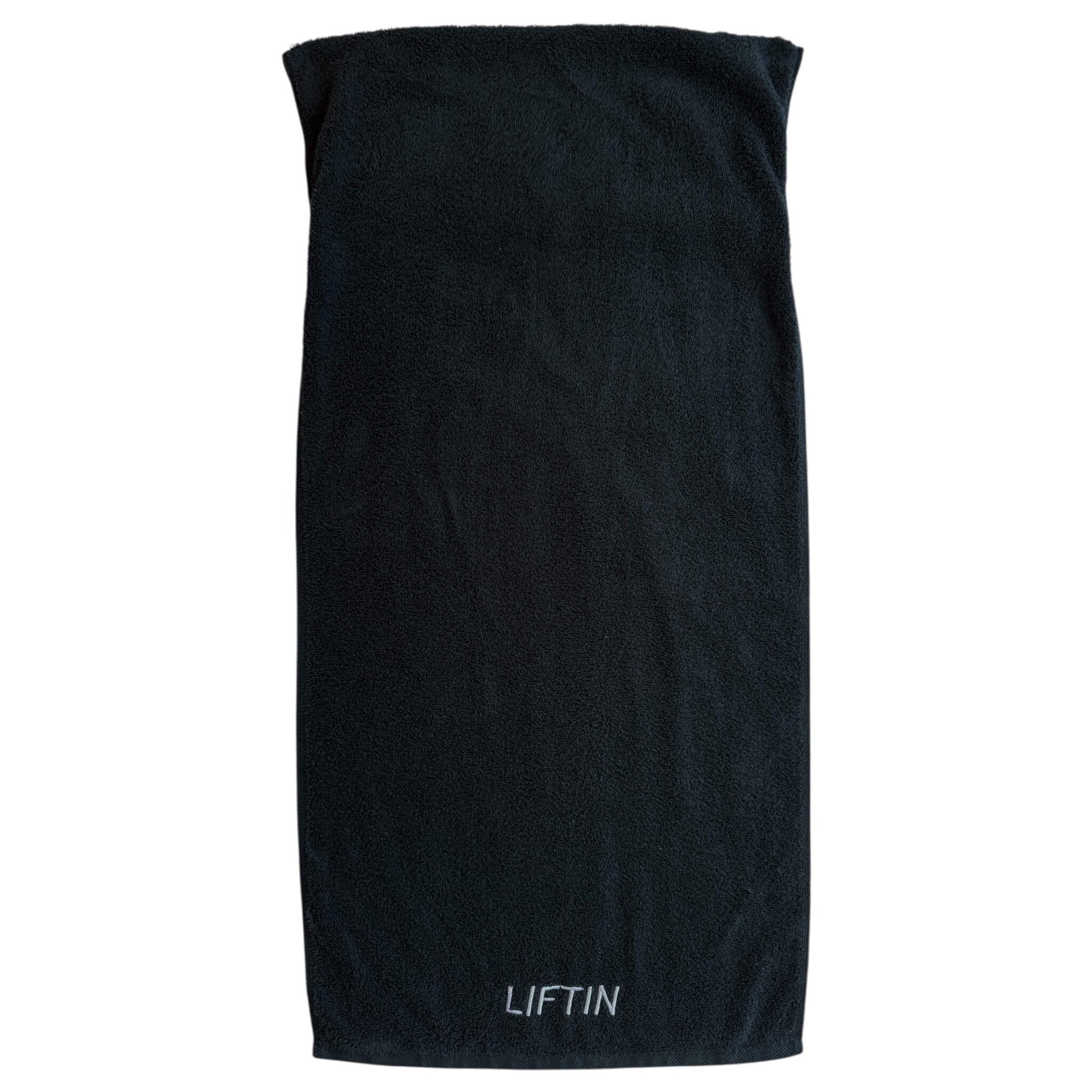 LIFTIN sporthanddoek - zwarte sport handdoek van 100% katoen met opbergvakje en slim ophang ontwerp - bovenaanzicht
