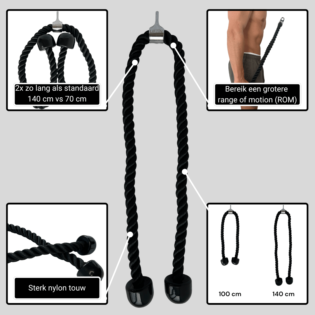 LIFTIN tricep rope 140 cm - robuust XXL triceps touw van nylon, ideaal voor intensieve workouts - overzicht