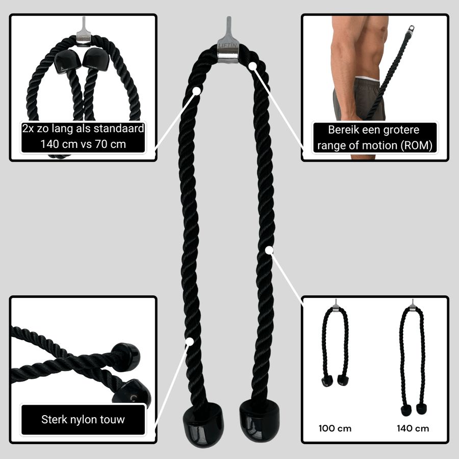 LIFTIN tricep rope 140 cm - robuust XXL triceps touw van nylon, ideaal voor intensieve workouts - overzicht