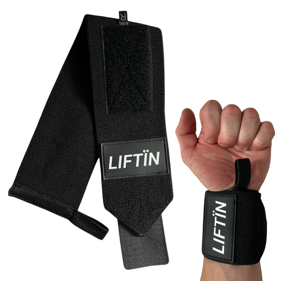 LIFTIN wrist wraps - zwart, hoogwaardige pols ondersteuning voor krachttraining - vooraanzicht