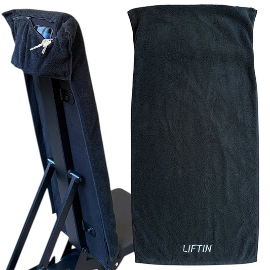 LIFTIN sporthanddoek - zwarte sport handdoek van 100% katoen met opbergvakje en slim ophang ontwerp - vooraanzicht